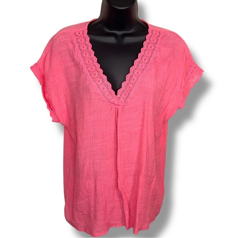 Large Peach Pink Boho Top Peasant Style Short Sleeve Embroidered Lace Accent